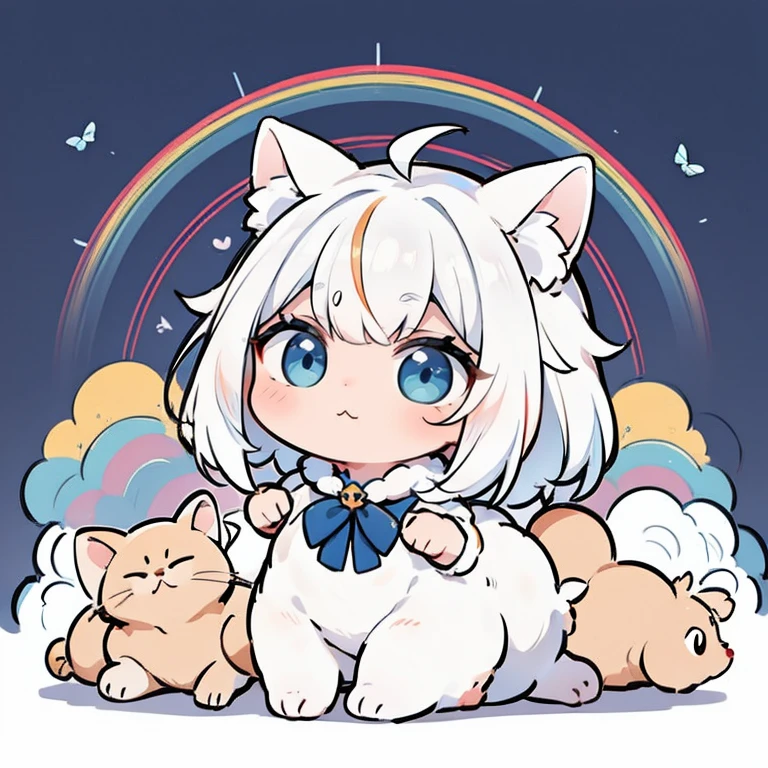 (Melhor qualidade1.2、mesa)、Pegue um gato bonito、kawaii、cabelo branco(Rainbow color hair)