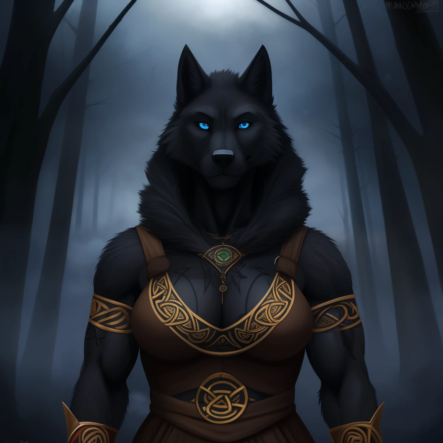 Tall_lanky_muscular_mature_wolf female black_furry_body blue_eyes very_fluffy misty_breath foggy_forest cloudy_night_sky solo Masterpiece best_quality absurdres highly_detailed well_drawn_eyes anthro_only by_greasymojo by_runawaystride torn_medieval_outfit Celtic_tattoos portrait