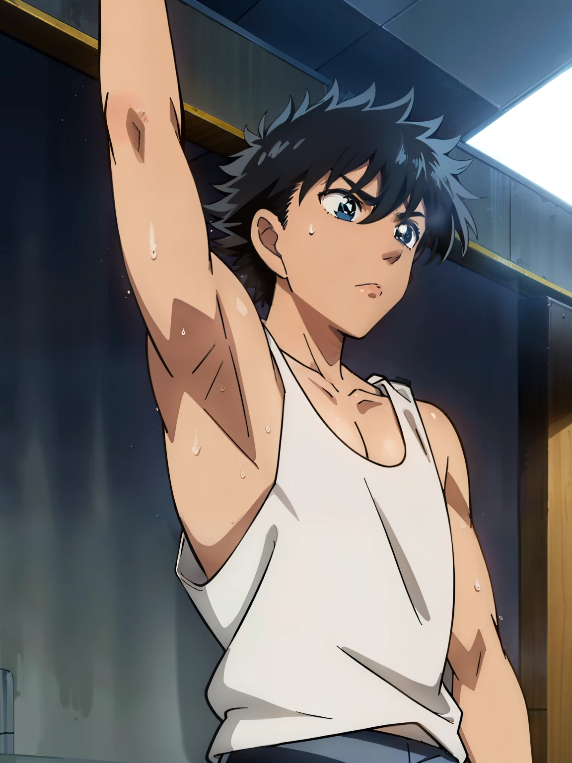 ((masterpiece)),((best quality)),ultra-detailed,illustratio,wallpaper,perfect lighting,Colorful,ultra highres,4K,photography,anime coloring, official style,
1boy, day, masterpiece, Kaitou Kid, Tank top, (Armpit), (slim body, medium body), upper body, body only, sweat