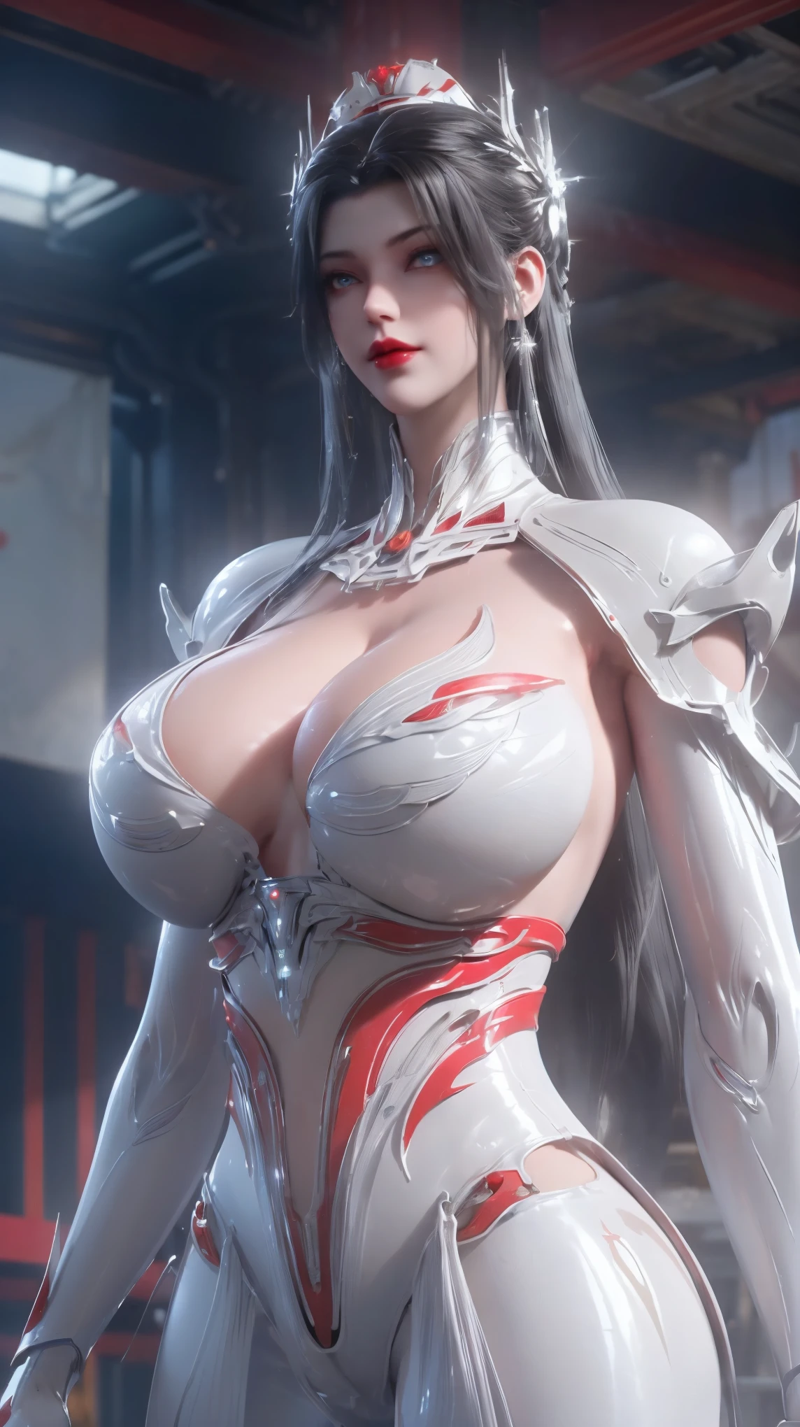 PORTRAIT,UPPER BODY,CLOSE UP HALF BODY,SOLO,(BEAUTY WHITE HAIRSTYLE,MECHA PHOENIX HELMET), (HUGE FAKE BREASTS,CLEAVAGE,MUSCLE ABS:1.5), ((WEARING RED,WHITE SHINY MODERN FUTURISTIC MECHA SKINTIGHT BIKINI:1.5)),(MUSCULAR BODY MATURE WOMAN:1.5), (SWEATY GLOSSY BODY:1.5), (LOOKING AT VIEWER:1.3),(BACKGROUND OF FUTURISTIC SPACE STATION:1), (PHOTOREALSITIC:1.4), (ULTRA-DETAIL), (TOP-QUALITY), (BEST SHADOWS), (MASTERPIECE), BRIGHT LIGHT IN ROOM, HYPER TEXTURE, (4X MSAA), ((UNREAL ENGINE 5 RENDER)), PHYSICALLY-BASED RENDERING, ULTRA HIGHT DEFINITION, 16K, 1080P.