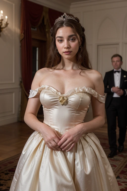 ((4k))((ultra full Hd)) ((real photo)) ((perfect and realistic face)) a handsome Prince and a beautiful princess wearing Victorian royal clothes are traditional dances from all over the world, the duchess ( a dance) there are several people in the middle of the king's room who are at the back ((The princess wears a ball gown style dress)) ((Prince has feminine characteristics))