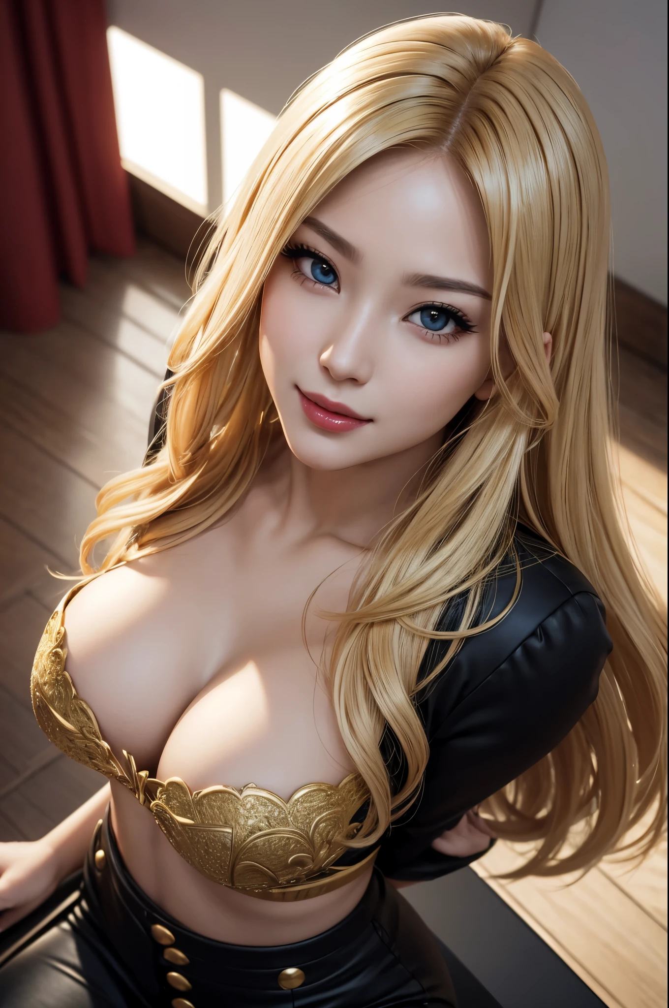 ((8K,High image quality High image quality、masterpiece:1.4))、1 person、、long blonde hair、gradient hair、Super Beautiful Demon Hunter、beautiful expression、red lips,beautiful eyes、Models with large breasts、perfect face shape(like the real thing)、赤いsexyなドレス、shiny black and red pants,With a large kissel,golden decoration,realistic proportions、ダイナミックpose、advanced details、sexy、intricate details、realistic eyes、realistic eyesのプロポーション、smile、32K、realistic lighting、extreme details、現実的なborn徒、realistic proportion eyes、realistic proportionsのborn徒、realistic shadow、Evafee,ultra high resolution,Super realistic,sexypose,Close-up,comb your hair,rich colors, Backlight, cinematic lighting, film grain, born, 50mm lens, Nikon D850,ultra high resolution,Super realistic,Makeup,sexy,Mr.々pose,perspective from above,