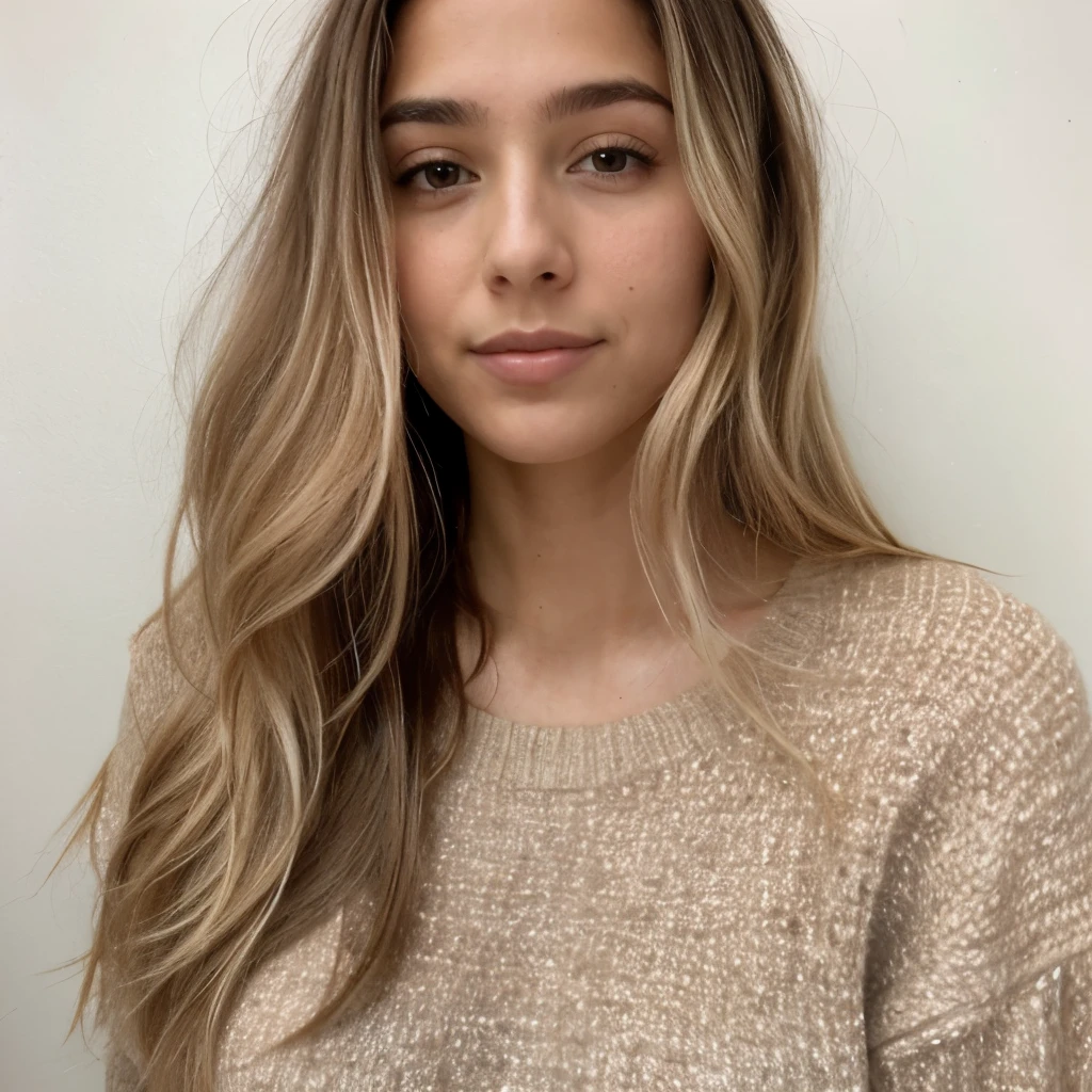 A 23-year-old blonde woman, ((pechos grandes)), ((hiperrealismo)) ,. blonde hair with light brown roots. cabello rubio, Hair with brown roots, cabello extra largo, cabello muy largo, really long hair, Beautiful, Front view, passport photo, photo taken with passport camera, elegant brown sweater, passport photo, high quality, HD, huge breasts, shy, ultraHD