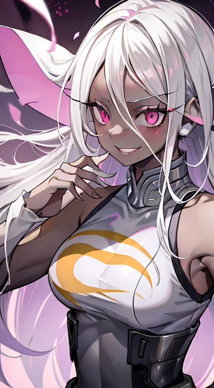 young girl, black skin, Long white hair with a pink parting, pink eyes, smirk, Vampire, White rich dress, Sleeveless, open breasts, Masterpiece, hiquality
