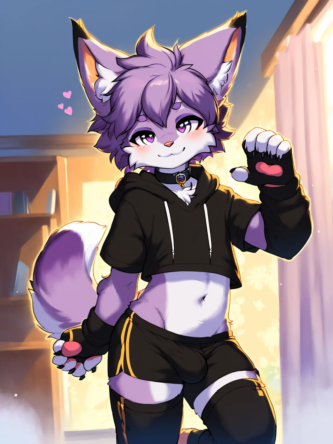 Furry male, ((male focus)), (((purple fur))), (purple hair), furry, one fang, medium hair, furry, fluff, fluffy, thuft, disheveled, cheeks fluff, <3 eyes, ((super fluffy)), (upper body), ((shoulder fluff)), ((shoulder tuft)), teasing face, ((bedroom background)), ((leg warmers)), (((solo focus))), claws, hair accessories, hair ornaments, neck fur, neck fluff, collar, paws, lynx, by emolga, ((hoodie)), ((short sleeves)), sports shorts, bulge, ((black clothes)), (((eyeliner))), eyelashes, eyeshadow, navel, detailed hands, by meesh, fingerless gloves, medium hair,