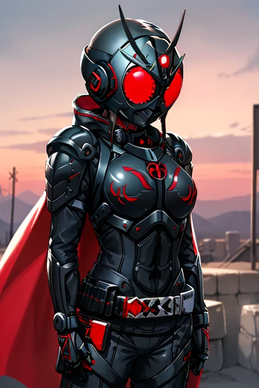 masterpiece, best quality, 1girl, (kamen), compound eye helmet, black battlesuit, shoulder armor, long broken, long red cape,