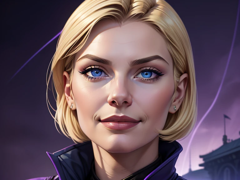 masterpiece, best quality, realistic, 1women, mature female, quiet and charming young woman, 22 year old, a smirk, closed mouth, light skin, portrait, extremely detailed face, cold and smirk, ((dark blue eyes)), ((short blonde bob cuthair)), [thin eyebrows], dark palace, (()), dim light, evil, purple Thunder light background