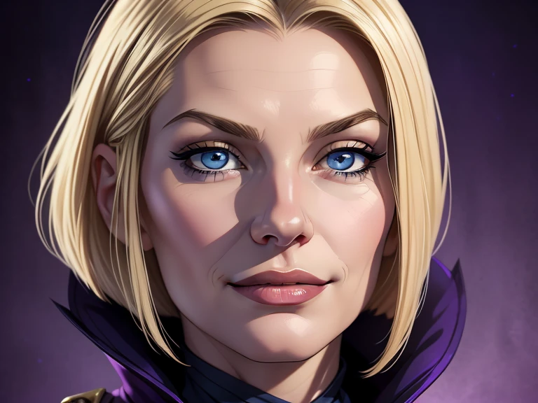 masterpiece, best quality, realistic, 1women, mature female, quiet and charming young woman, 22 year old, a smirk, closed mouth, light skin, portrait, extremely detailed face, cold and smirk, ((dark blue eyes)), ((short blonde bob cuthair)), [thin eyebrows], dark palace, (()), dim light, evil, purple Thunder light background