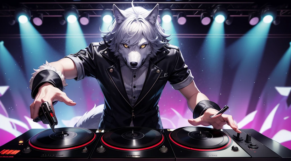 a silver wolf man DJ in colorful clothing and smiling operating a turntable in a nightclub with many colorful lights - 4k - anime style