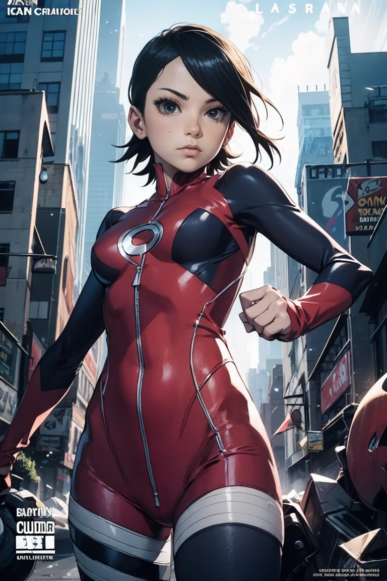 Sarada Uchiha,bodysuit, Estilo de capa de quadrinhos，Comic book cover title,super hero land,city, action,fight,black eyes