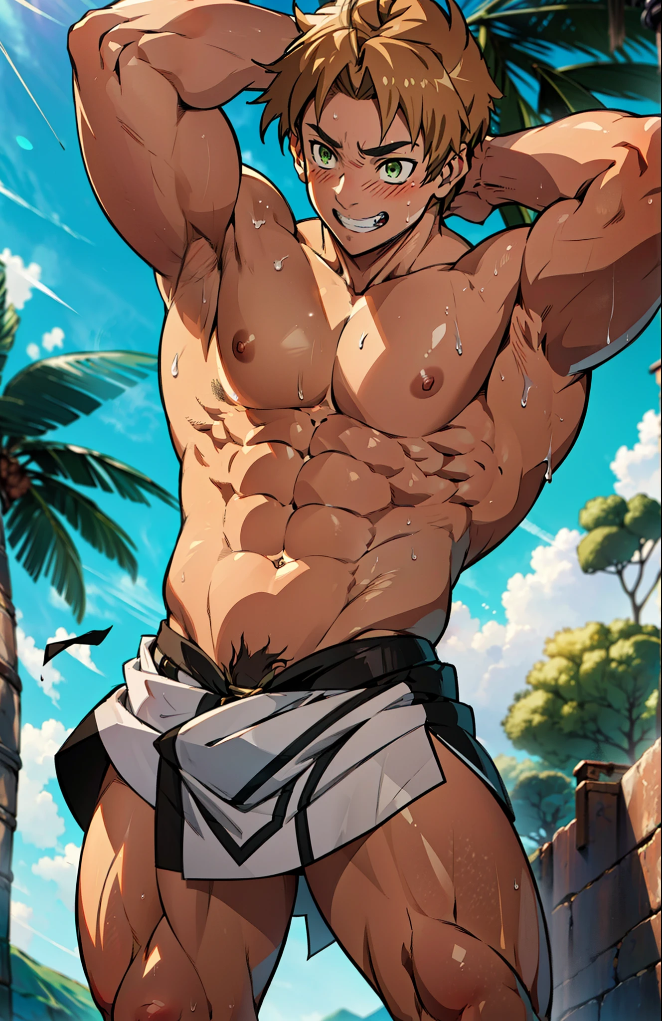 Showing off his muscular muscular back, red skin, bright red skin, the boy blushed shyly , rosy skin, shiny skin(muscular thigh muscles )( anime style, art) (photo angle from bottom up) (photo angle from the ground upwards) [Anime photo][highest quality photo][4k,HD photo quality ] wear tight and short loincloths , bulging loincloths, torn loincloths, wet loincloths, ancient, dirty loincloths (muscular thigh muscles, firm thigh muscles, muscular thigh muscles, sinewy thigh muscles, giant thigh muscles, strong leg muscles, muscular hamstring leg muscles)(thigh muscles bulging as if about to explode, muscular, calloused, sinewy, giant) , Rudeus Greyrat,fun, happy, huge body, muscular and muscular, bodybuilder, bodybuilding, standing, lots of sweat flowing down, topless, shirtless, hot sunny, 8 pack abs , short hair , green eyes,  Raise your arms high to reveal your armpits, Hands behind the head.