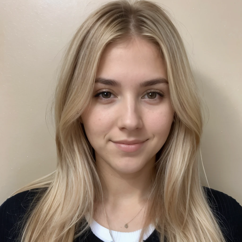 Passport photo of a 23-year-old blonde woman, ((pechos grandes)), ((hiperrealismo)) ,. blonde hair with light brown roots. cabello rubio, Hair with brown roots, cabello extra largo, cabello muy largo, really long hair, Beautiful, Front view, passport photo, photo taken with passport camera, elegant brown sweater, passport photo, high quality, HD, huge breasts, shy, ultraHD