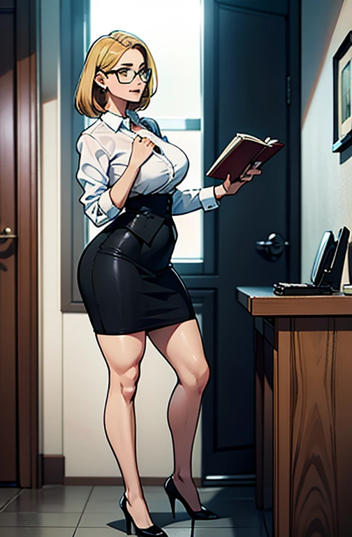 blond curvy plump buxom woman in black skirt and white shirt holding a book and glasses, woman in black business suit, wearing a strict business suit, business woman, woman in business suit, girl in a suit, female in office dress, in suit with black glasses, girl in suit, young business woman, in a business suit, business outfit, wearing a suit and glasses