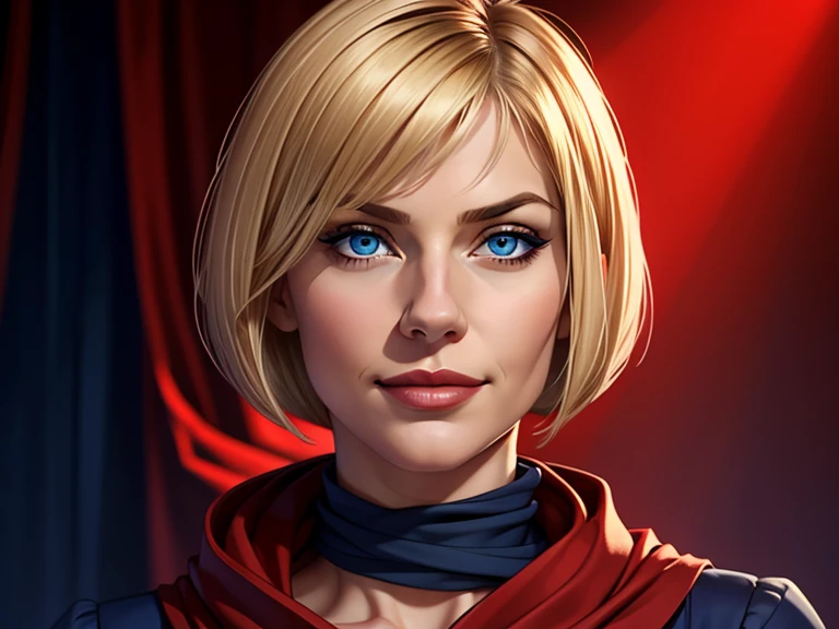masterpiece, best quality, realistic, 1women, mature female, quiet and charming young woman, 22 year old, a smirk, closed mouth, light skin, portrait, extremely detailed face, cold and smirk, ((dark blue eyes)), ((short blonde bob cut hair)), [thin eyebrows], wears red scarf on her neck, dark palace, (()), dim light, evil, red flag light background