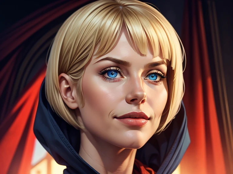 masterpiece, best quality, realistic, 1women, mature female, quiet and charming young woman, 22 year old, a smirk, closed mouth, light skin, portrait, extremely detailed face, cold and smirk, ((dark blue eyes)), ((short blonde bob cut hair)), [thin eyebrows], wears red scarf on her neck, dark palace, (()), dim light, evil, red flag light background