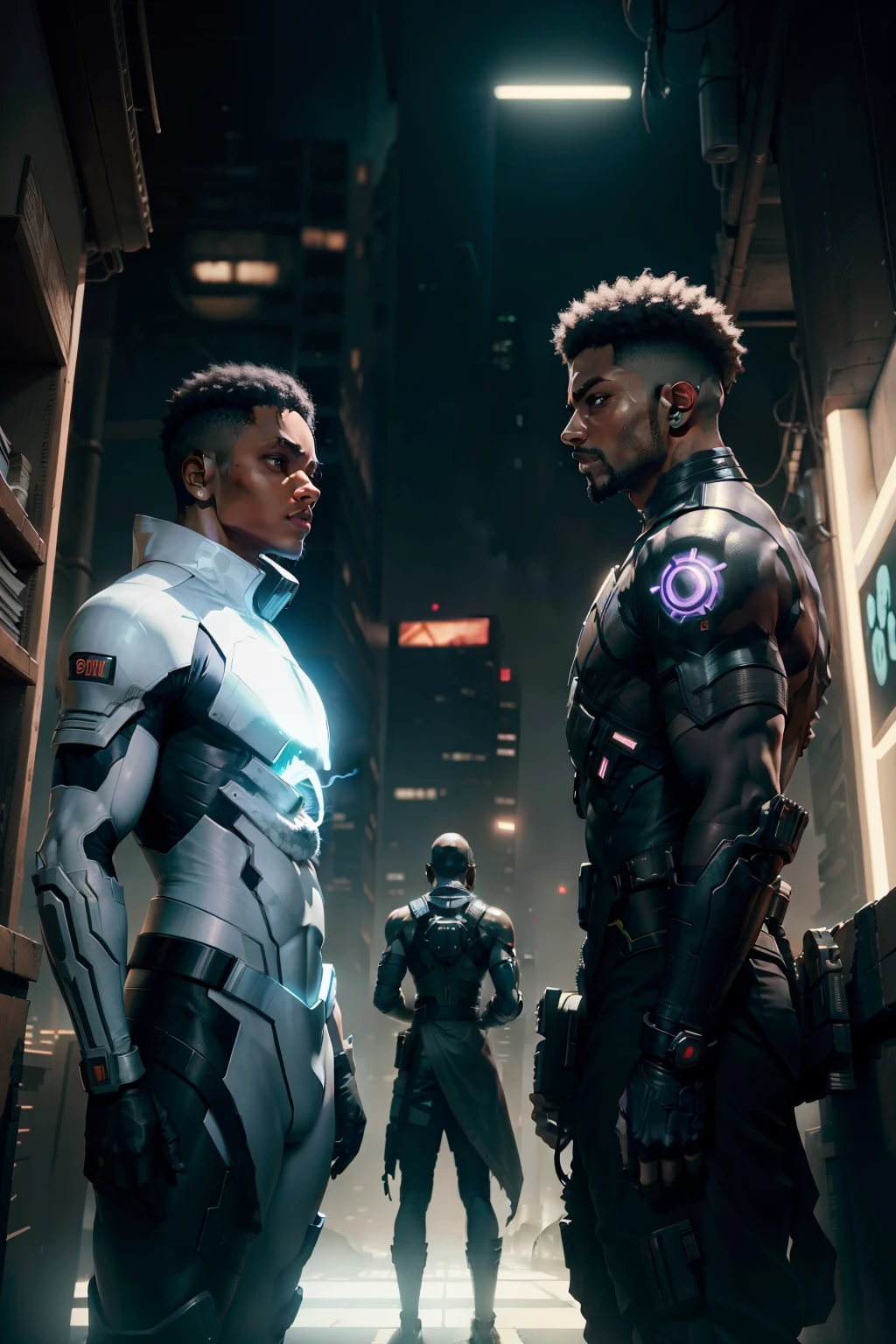 In the heart of a gritty cyberpunk metropolis, a beautiful friendship unfolds between two brown-skinned men and one white-skinned comrade. The trio, all dressed in futuristic attire, stand in the dimly lit confines of their hideout. The ambiance is set with light occlusion and soft diffusion, casting an ethereal glow on their determined faces. The 9:16 ratio frames their camaraderie, a testament to their unity amidst the chaos of their neo-urban jungle.