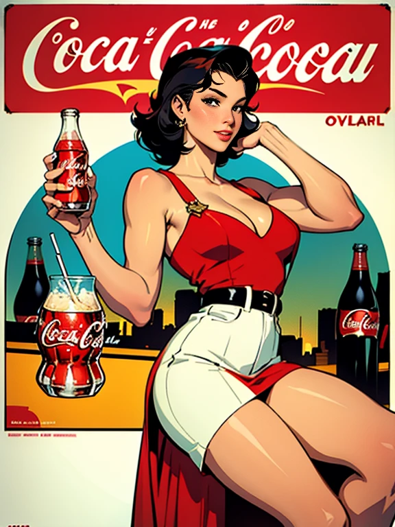 coca cola advert real magic as always five cents, inspired by Dorothy Coke, coka-cola advertisement, drinking a bottle of coca-cola, soda themed girl, inspired by Evaline Ness, retro poster, retro ad, film noir realistic, in style of digital illustration, promotional poster, inspired by Rolf Armstrong, in style of Jaime Frias, in style of digital art