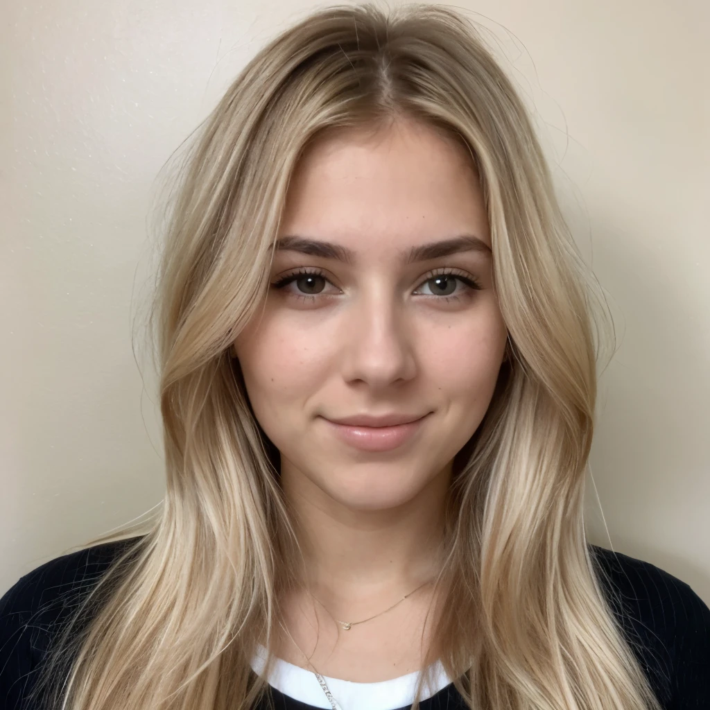 Passport photo of a 23-year-old blonde woman, ((pechos grandes)), ((hiperrealismo)) ,. blonde hair with light brown roots. cabello rubio, Hair with brown roots, cabello extra largo, cabello muy largo, really long hair, Beautiful, Front view, passport photo, photo taken with passport camera, elegant brown sweater, passport photo, high quality, HD, huge breasts, shy, ultraHD