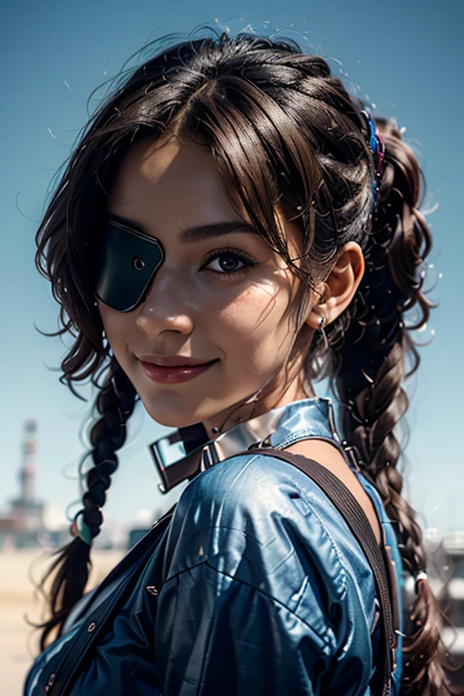 technological, advertising poster. Close-up, a modern dark-skinned girl, with neatly laid Afro braids on her head, looks into the future, with a virtual reality device in front of her eyes. Light blue background, advertising of a high-tech product. Digital technologies, virtual reality, network services. Beautiful girl close-up, in virtual space. Highest quality, 16 K. FUL SD, cinematic rendering., brown hair, dreadlocks, light smile, Surrealism, Futurism, Romanticism, ray tracing, backlighting, bloom, High quality