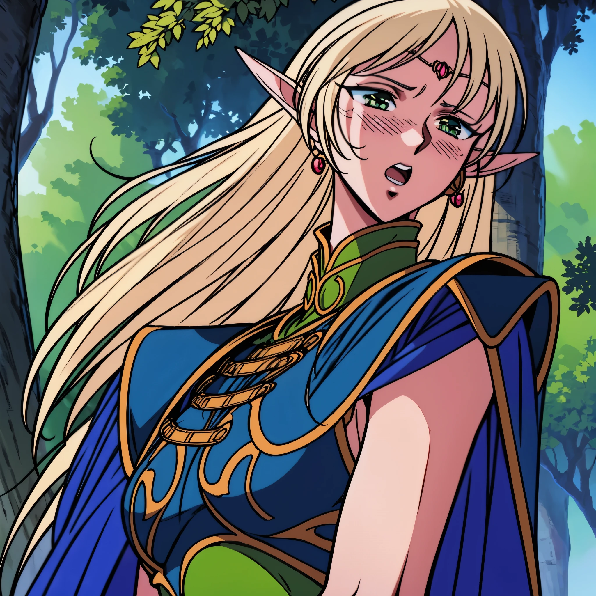 (extremely detailed fine touch:1.2), (natural light, sun light, light rays, dappled light, ray tracing:1.2), mature female , masterpiece, best quality, highly quality , ANI_CLASSIC_deedlit_ownwaifu, www.ownwaifu.com, pointy ears, blonde hair, long hair, elf, circlet, green eyes, long pointy ears, very long hair, breasts, medium breasts, earrings, lips, makeup, bangs, cape, armor, blue cape, shoulder armor, pauldrons, gloves, breastplate, belt, green dress, short dress, looking at viewer, blush, open mouth, standing, (Masterpiece, extremely detailed CG, sharp line),deedlit, offcial art, Colorful, Beautiful Japanese anime style，Extremely detailed eyes and face，Sharp pupils，realistic pupil，In the woods、cabellos largos dorados，ears of elf，Black lace panties，Slender thighs, varies multi etc. --v 6 --s 1000 --c 20 --q 20 --chaos 100