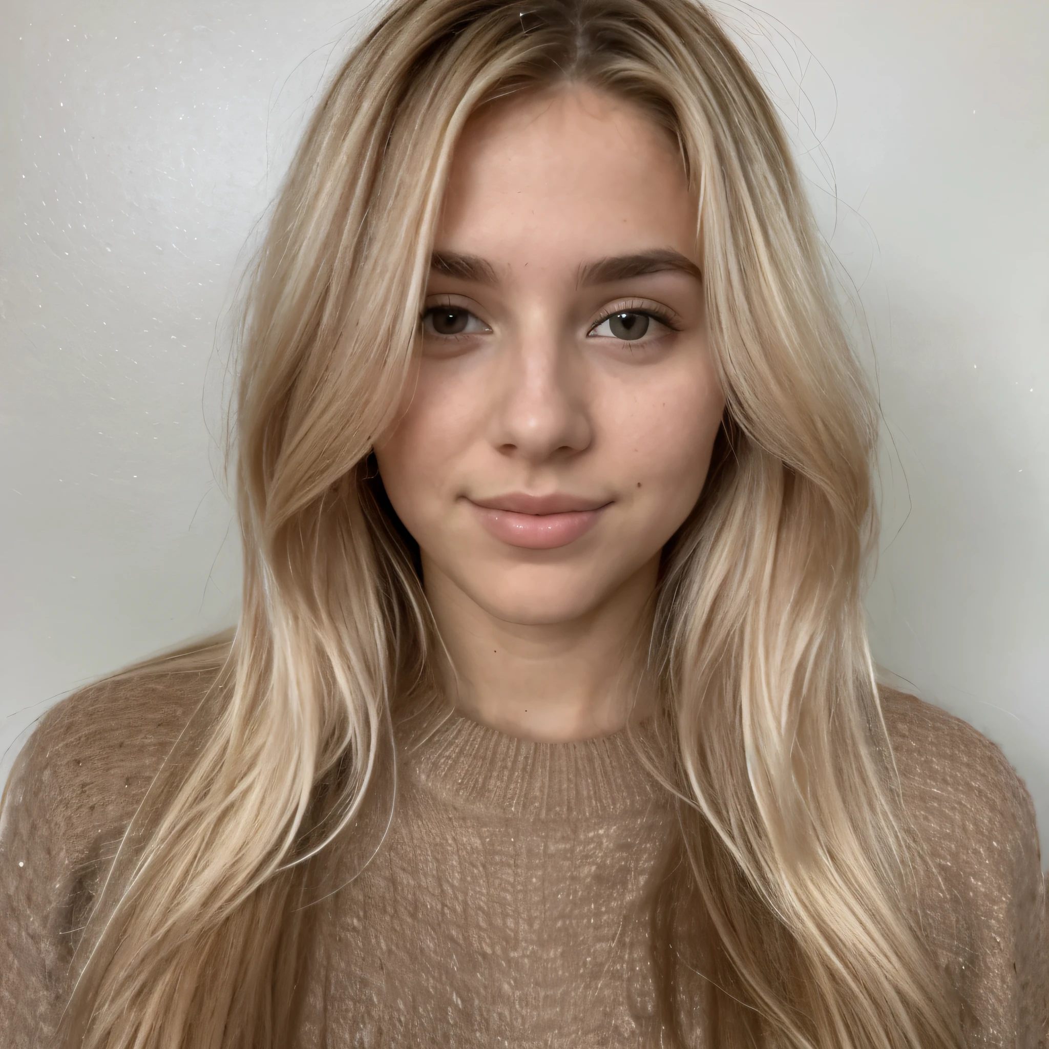 A 23-year-old blonde woman, ((pechos grandes)), ((hiperrealismo)) ,. blonde hair with light brown roots. cabello rubio, Hair with brown roots, cabello extra largo, cabello muy largo, really long hair, Beautiful, Front view, passport photo, photo taken with passport camera, elegant brown sweater, passport photo, high quality, HD, huge breasts, shy, ultraHD