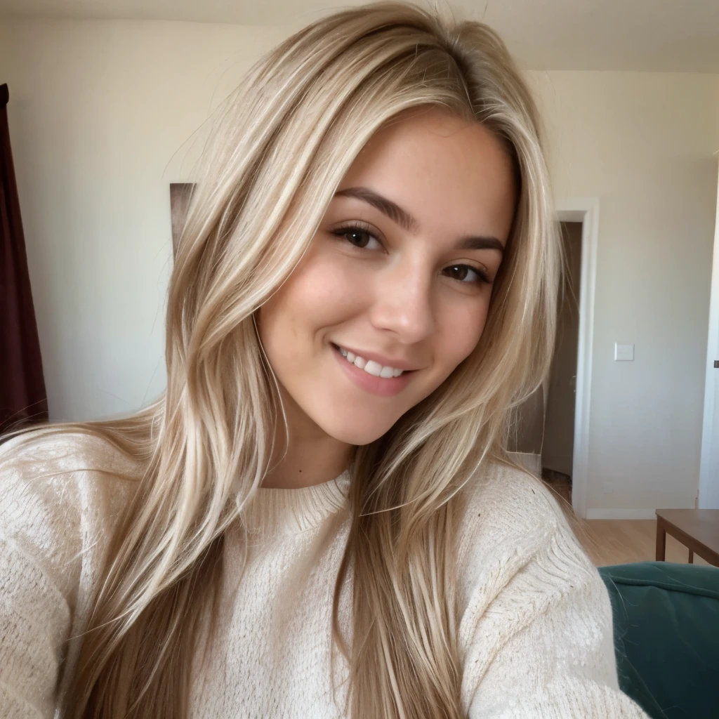 A 23-year-old blonde woman, ((pechos grandes)), ((hiperrealismo)) ,. blonde hair with light brown roots. cabello rubio, Hair with brown roots, cabello extra largo, cabello muy largo, really long hair, Beautiful, Front view, selfie, photo taken with passport camera, elegant brown sweater, passport photo, high quality, HD, huge breasts, shy smile, ultraHD
