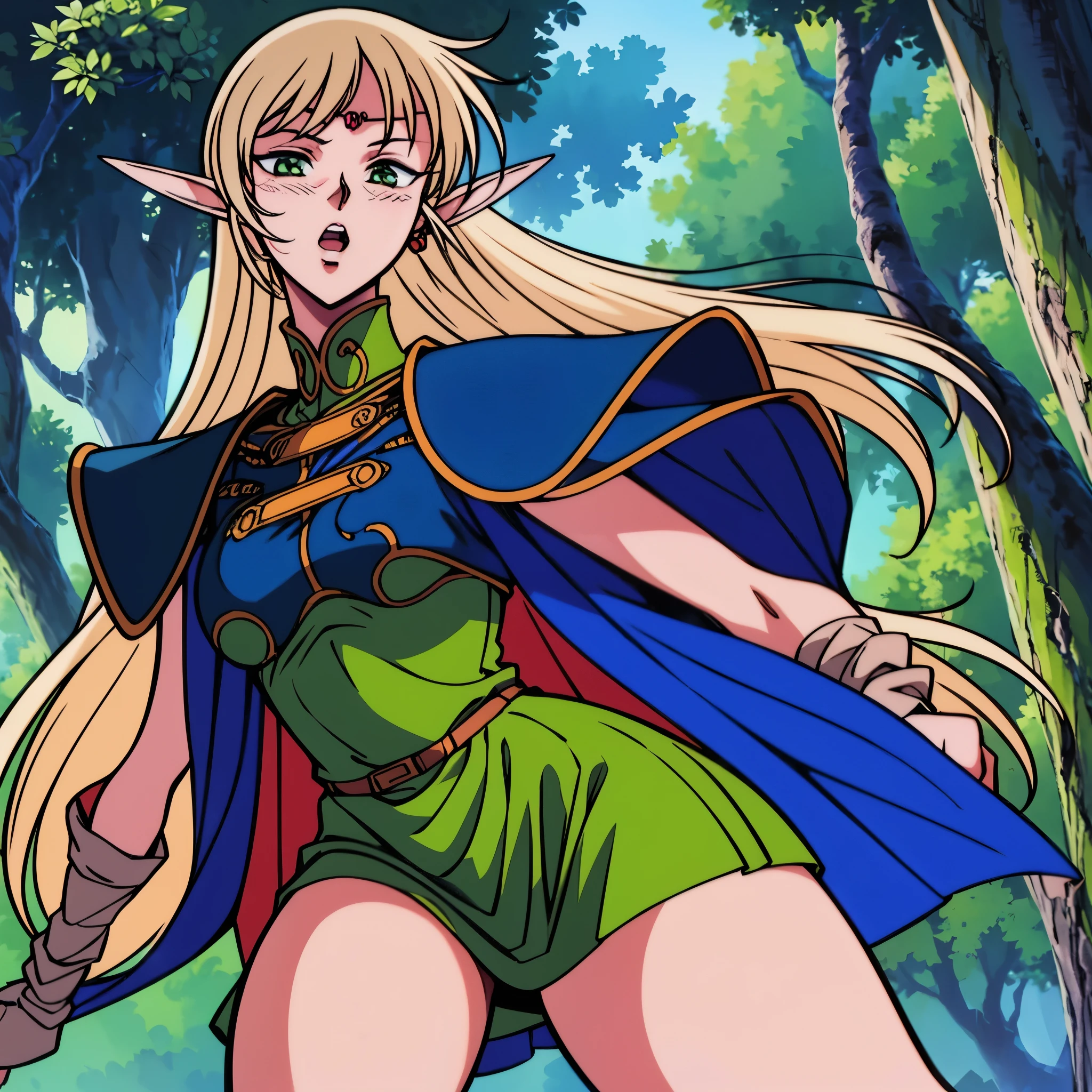 (extremely detailed fine touch:1.2), (natural light, sun light, light rays, dappled light, ray tracing:1.2), mature female , masterpiece, best quality, highly quality , ANI_CLASSIC_deedlit_ownwaifu, www.ownwaifu.com, pointy ears, blonde hair, long hair, elf, circlet, green eyes, long pointy ears, very long hair, breasts, medium breasts, earrings, lips, makeup, bangs, cape, armor, blue cape, shoulder armor, pauldrons, gloves, breastplate, belt, green dress, short dress, looking at viewer, blush, open mouth, standing, (Masterpiece, extremely detailed CG, sharp line),deedlit, offcial art, Colorful, Beautiful Japanese anime style，Extremely detailed eyes and face，Sharp pupils，realistic pupil，In the woods、cabellos largos dorados，ears of elf，Black lace panties，Slender thighs, varies multi etc. --v 6 --s 1000 --c 20 --q 20 --chaos 100