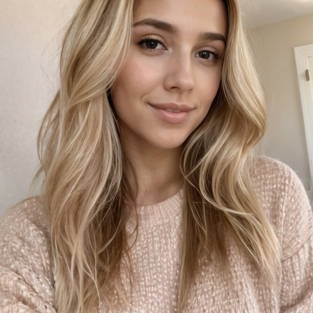A 23-year-old blonde woman, ((pechos grandes)), ((hiperrealismo)) ,. blonde hair with light brown roots. cabello rubio, Hair with brown roots, cabello extra largo, cabello muy largo, really long hair, Beautiful, Front view, selfie, photo taken with passport camera, elegant pink sweater, lip gloss, HD photo, high quality, HD, huge breasts, shy smile, ultraHD