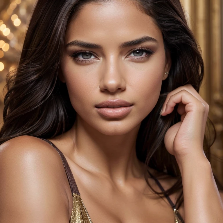 "(best quality,4k,8k,highres,masterpiece:1.2),ultra-detailed,(realistic,photorealistic,photo-realistic:1.37),Adriana Lima,beautiful detailed brown eyes,beautiful detailed lips,extremely detailed eyes and face,long eyelashes,gorgeous appearance,natural beauty,confident expression,stunning model,fashion industry icon,fierce look,flawless skin,subtle makeup,sultry pose,dark brown hair,stylish outfit,luxurious background,professional photography,vivid colors,warm color palette,soft lighting"