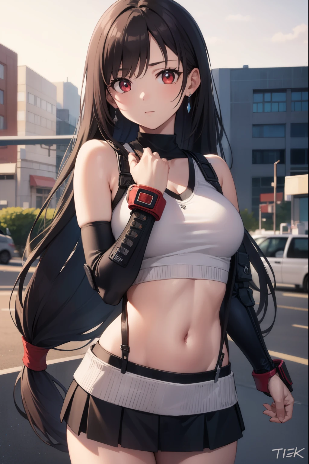 Typhalokhartes, Tifa Lockhart, Black hair, long hair, (low-tied long hair:1.5), (Red eyes:1.5), Combed bangs, single sidelock,
BREAK arm guards, bare shoulders,  black skirt, black Sports goodness, black thigh high, clavicle, crop top, earrings, Jewelry, life, navel, single earring, skirt, Sports goodness, suspender skirt, Suspender, mother, teardrop earrings, thigh high, (white mother:1.5), Zettai Ryoiki,
BREAK looking at viewer, whole body,
BREAK outdoors,
BREAK (masterpiece:1.2), Best quality, a high resolution, Unity 8k Wallpaper, (illustration:0.8), (beautiful detailed eyes:1.6), very detailed face, perfect lighting, Extremely detailed computer graphics, (perfect hands, perfect anatomy),