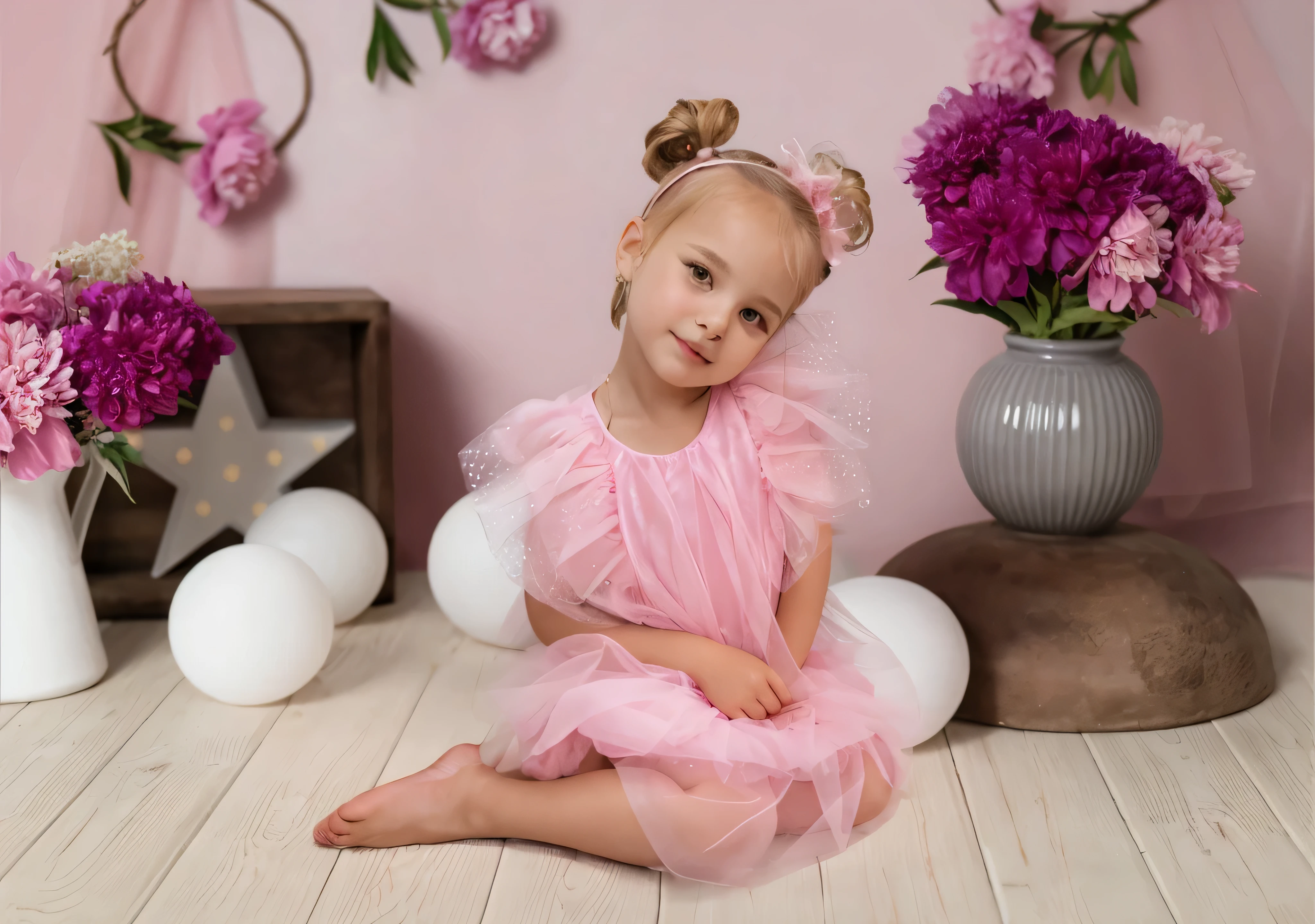 High quality, definition, there is a  sitting on the floor in a Pink tutu, Beautiful pink , dressed in a pink dress, Pink tutu, wearing a Pink tutu, wearing a Pink Romantic Tutu, wearing Pink Romantic Tutu, sweet and innocent, pink girl, Pink Romantic Tutu, portait image, medium portrait of, complex background, with soft pink tones, Classic portrait, posed