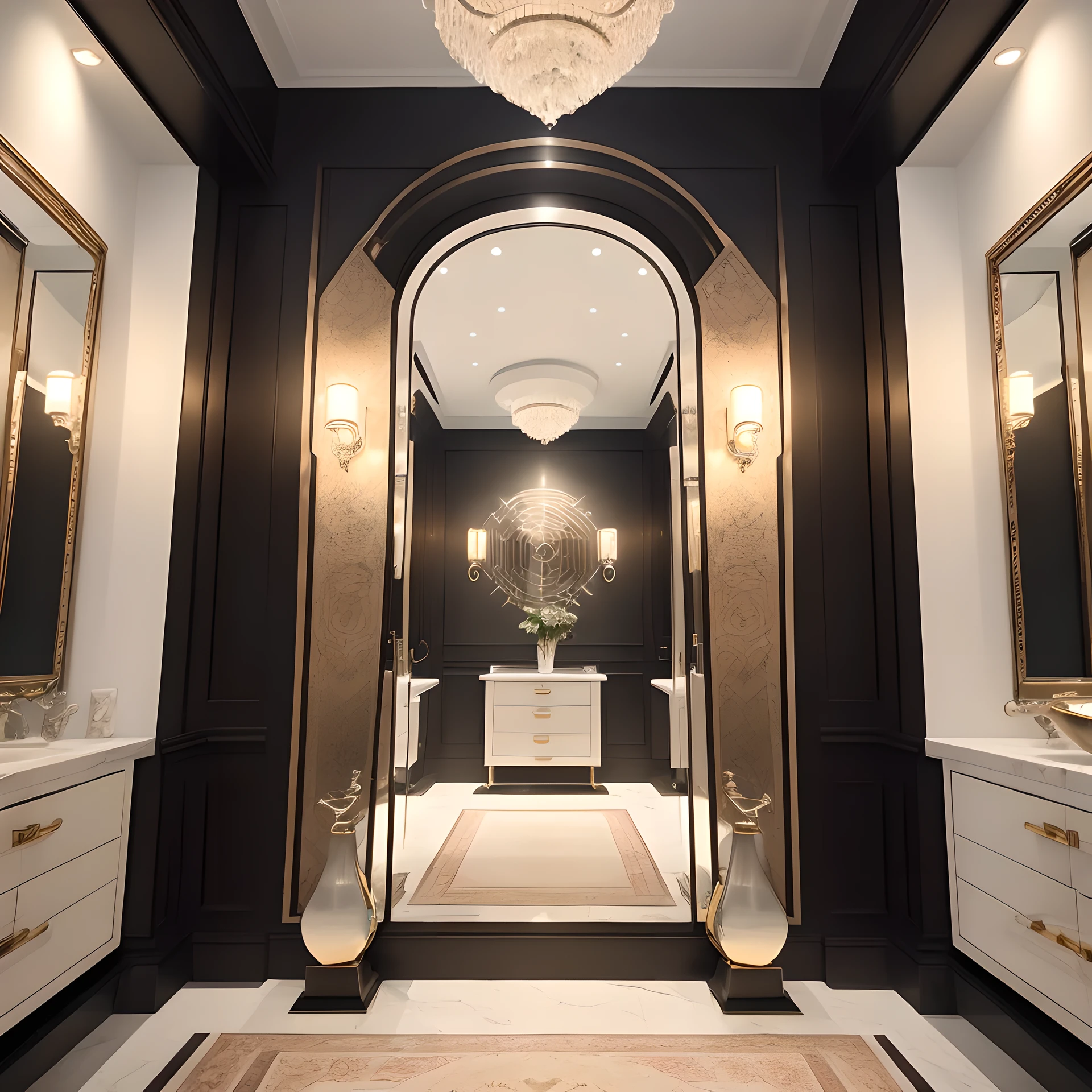 Art Deco, Wall decoration, Symmetrical geometric pattern, Mirror and metal decoration, Streamlined and dynamic elements, Interior design, luxurious decor, modern