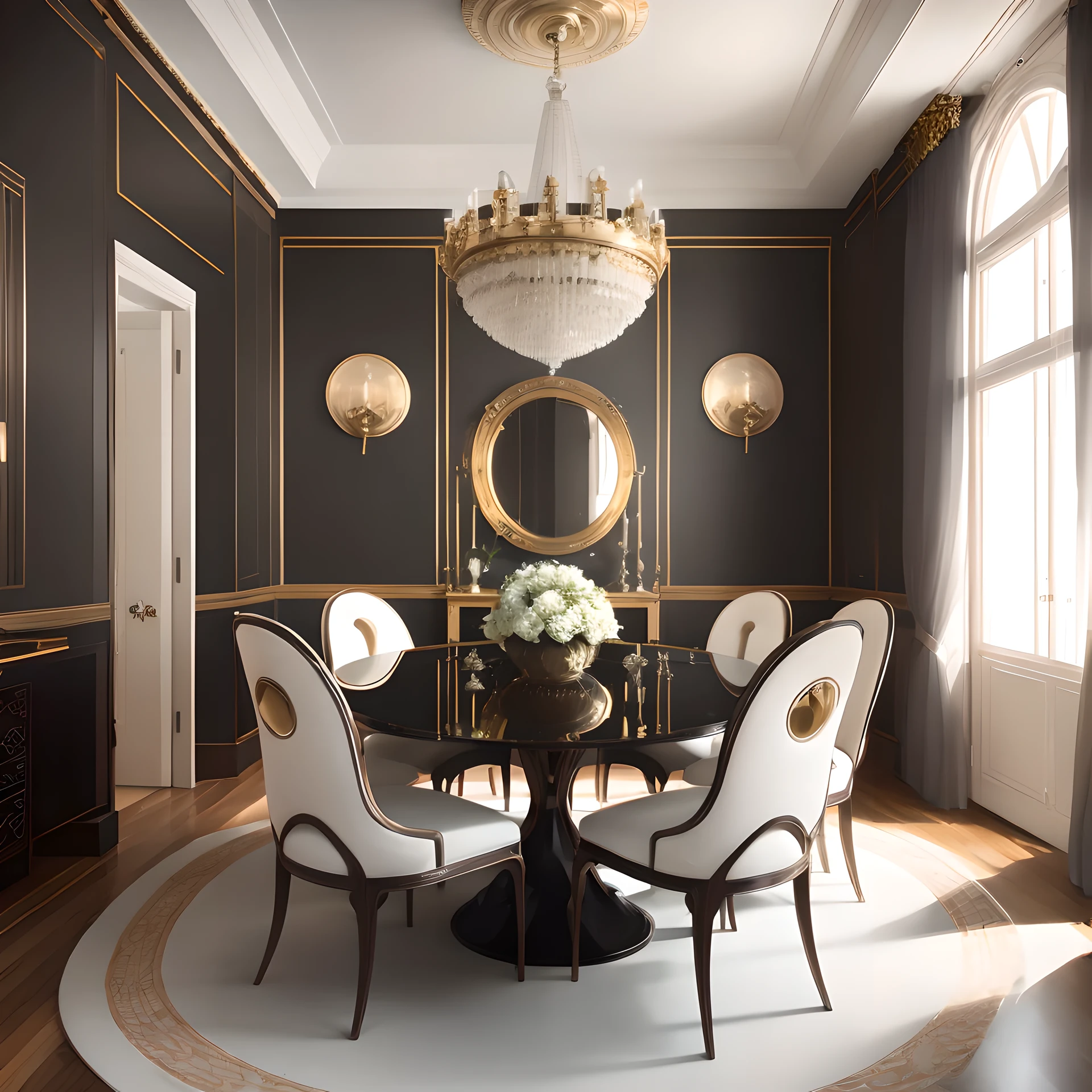 Art Deco, Wall decoration, Symmetrical geometric pattern, mirror and metal, Streamlined and dynamic elements, architecture, Luxury renovation, modern