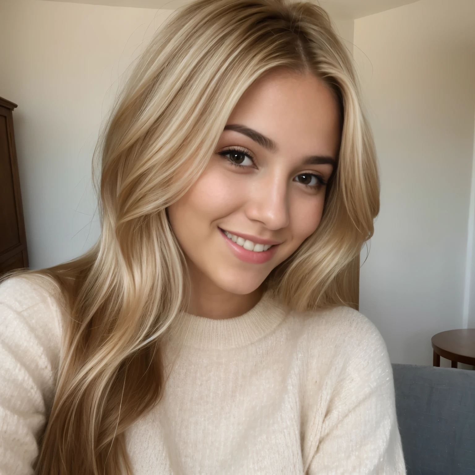 A 23-year-old blonde woman, ((pechos grandes)), ((hiperrealismo)) ,. blonde hair with light brown roots. cabello rubio, Hair with brown roots, cabello extra largo, cabello muy largo, really long hair, Beautiful, Front view, selfie, photo taken with passport camera, elegant brown sweater, passport photo, high quality, HD, huge breasts, shy smile, ultraHD