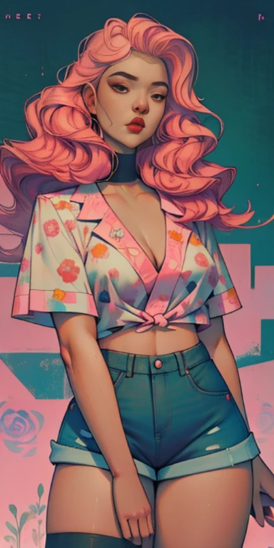 Background, In chic boho style, in a café, Ice cream print, multi-colored neon lights, neon garlands, Pink lavender mint hair, mixed-language_SMS, Japanese graffiti, (beautiful and clear background:1.2),, fantastic paintings ,graffit style, olhos altamente detalhados , Underwear, lace, latex, blonde girl, Cat Print, tattoo, Loving, Love, ultra detailed hair, Masterpiece, Best Quality, hig quality, high-resolution, detail enhancement, ((most beautiful image in the world)), Masterpiece, Best Quality, hig quality, high-resolution, detail enhancement, ((most beautiful image ), Shiny pink degrade hair, ultra short fitted Stampa Flores, Rollers,  tights in a mesh, Short denim shorts,  art by stjepan sejic, art by j scott campbell, art by guillem march, art by citemer liu, 4k, high-resolution, comic book character, comic, high quality detailed,   style of ::2.0 comix illustration style,tatoon style, hig quality, high-resolution, detail enhancement, 8K, HD, Best Quality, hig quality, high-resolution, detail enhancement, 8K, HDR, Sharp focus, Ultra Detailed, Perfect lighting, Curvy Body, Lush breasts, Curvy hips