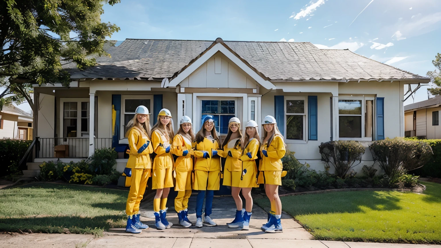 generate a group of 6 beautiful blond flirting girls wearing blue and yellow worker suit. all of them have white safety helmet. They are standing in front of a house . the house is a modern house in the united states. they have tools in their hands. The weather is sunny and blue sky. The image is realistic.