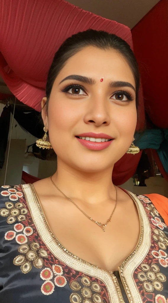 A confident-looking indian woman with long flowing hair, hazel and brown eyes, with flowing see-through salwar suit, c-cup breast on street, some people in background,bokeh perfect composition, hyperrealistic, super detailed, 8k, high quality, trending art, trending on artstation, sharp focus, photo shoot, intricate details, highly detailed, High-level figures - with large breasts. Sexy women posing for a picture, full body naked and wearing her gold jewelry.
