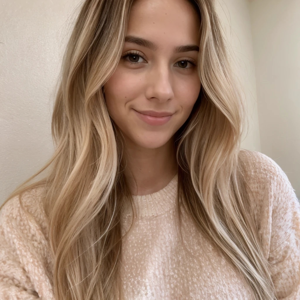 A 23-year-old blonde woman, ((pechos grandes)), ((hiperrealismo)) ,. blonde hair with light brown roots. cabello rubio, Hair with brown roots, cabello extra largo, cabello muy largo, really long hair, Beautiful, Front view, selfie, photo taken with passport camera, elegant pink sweater, passport photo, high quality, HD, huge breasts, shy smile, ultraHD