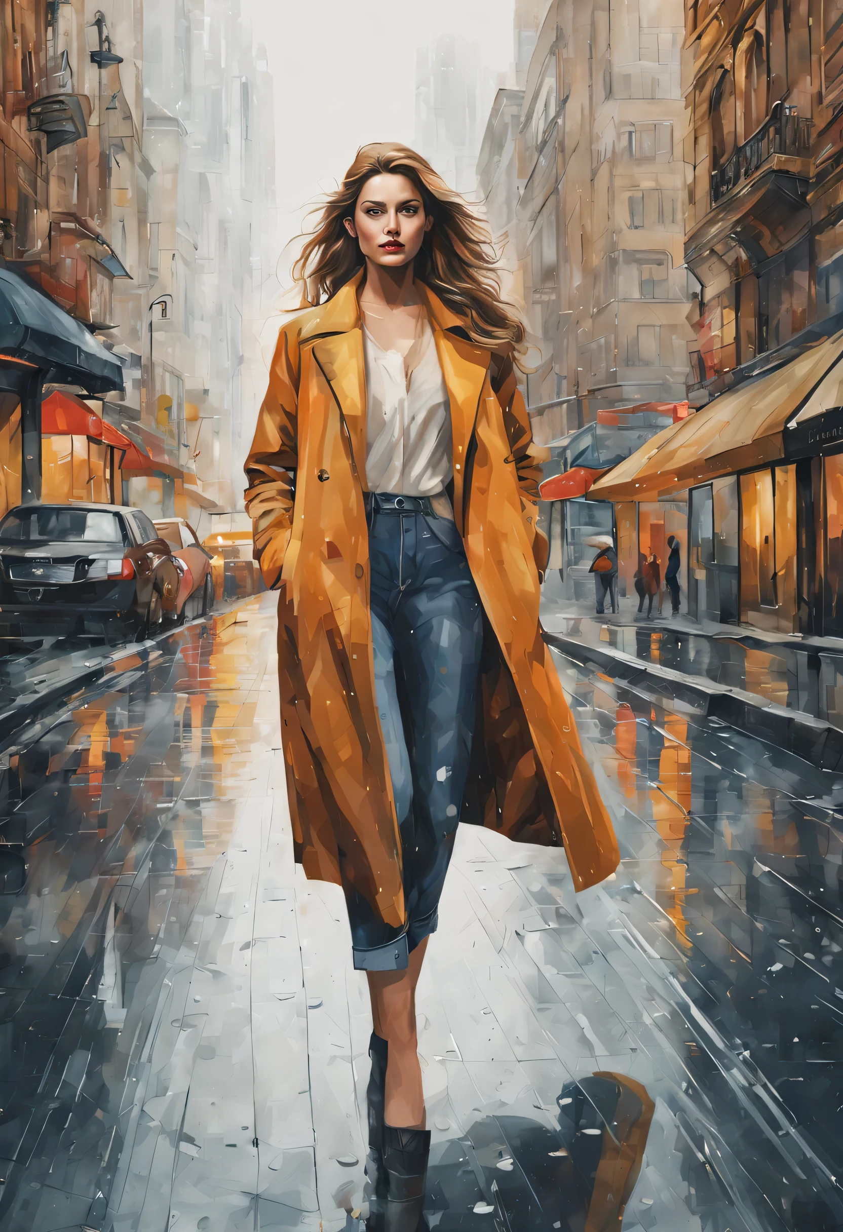 (Best quality,a high resolution,masterpiece:1.2),ultra detailed,Realistic,photoRealistic:1.37,city rain,beautiful elegant woman walking around the city, Detailed eyes,detailed lips, Detailed face, long eyelashes, Elegant appearance, confident and calm, wear a stylish coat, Walking gracefully, surrounded by modern buildings, wet streets reflect light, Vibrant cityscape, soft and cool color tone, gentle city lights, light raindrops falling from the sky, creating a calm and peaceful atmosphere
