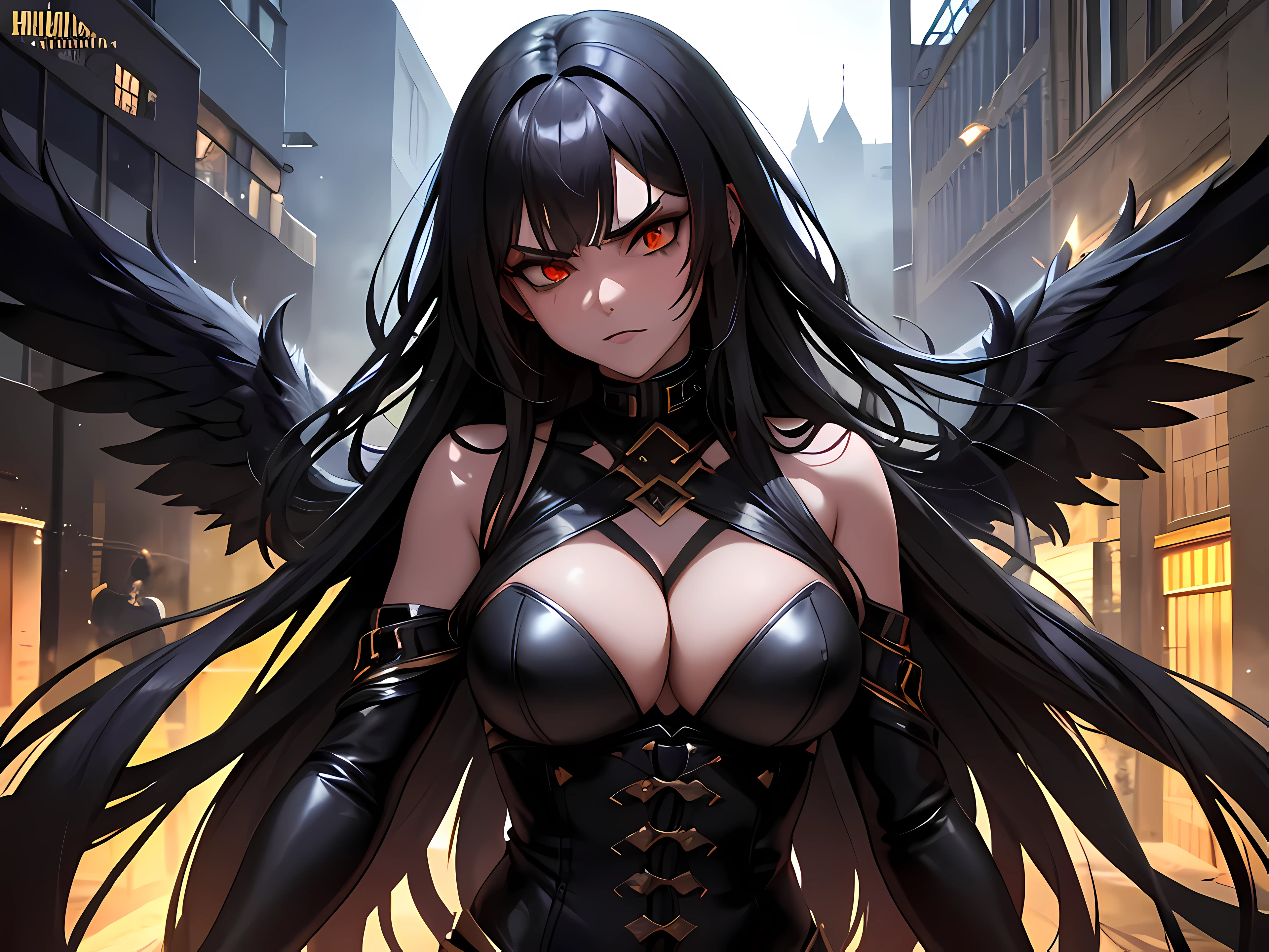 A fierce looking beautiful fallen Angel girl, looking menacing, dark hair, wearing golden black plate amor, she is all fuming with dark smoke, flying over a crowd of people on the streets with blowing intense winds, People watching her in fear while recording footage with camera, Noon hours, absurdres, high res, ultrasharp, 8K, masterpiece