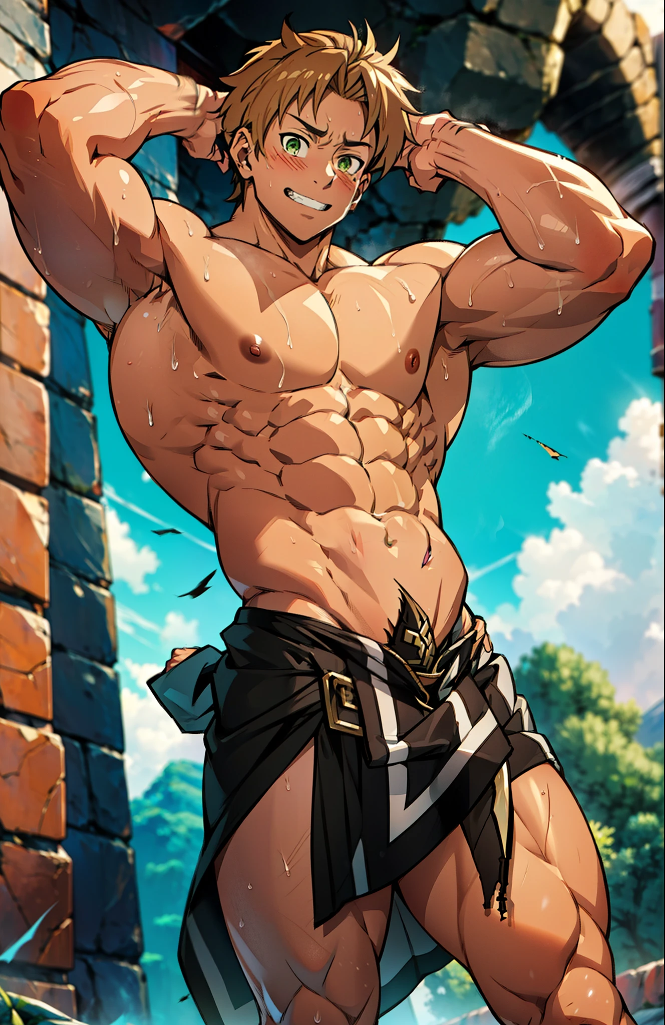 Showing off his muscular muscular back, red skin, bright red skin, the boy blushed shyly , rosy skin, shiny skin(muscular thigh muscles )( anime style, art) (photo angle from bottom up) (photo angle from the ground upwards) [Anime photo][highest quality photo][4k,HD photo quality ] wear tight and short loincloths , bulging loincloths, torn loincloths, wet loincloths, ancient, dirty loincloths (muscular thigh muscles, firm thigh muscles, muscular thigh muscles, sinewy thigh muscles, giant thigh muscles, strong leg muscles, muscular hamstring leg muscles)(thigh muscles bulging as if about to explode, muscular, calloused, sinewy, giant) , Rudeus Greyrat,fun, happy, huge body, muscular and muscular, bodybuilder, bodybuilding, standing, lots of sweat flowing down, topless, shirtless, hot sunny, 8 pack abs , short hair , green eyes,  Raise your arms high to reveal your armpits, Hands behind the head.