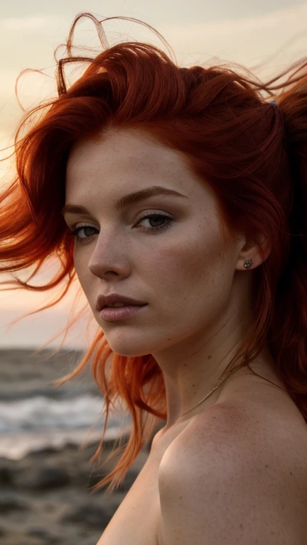 A photograph of a red-haired woman with windswept hair, sus cabellos enredados como llamas contra un cielo crepuscular, emanating untamed beauty
