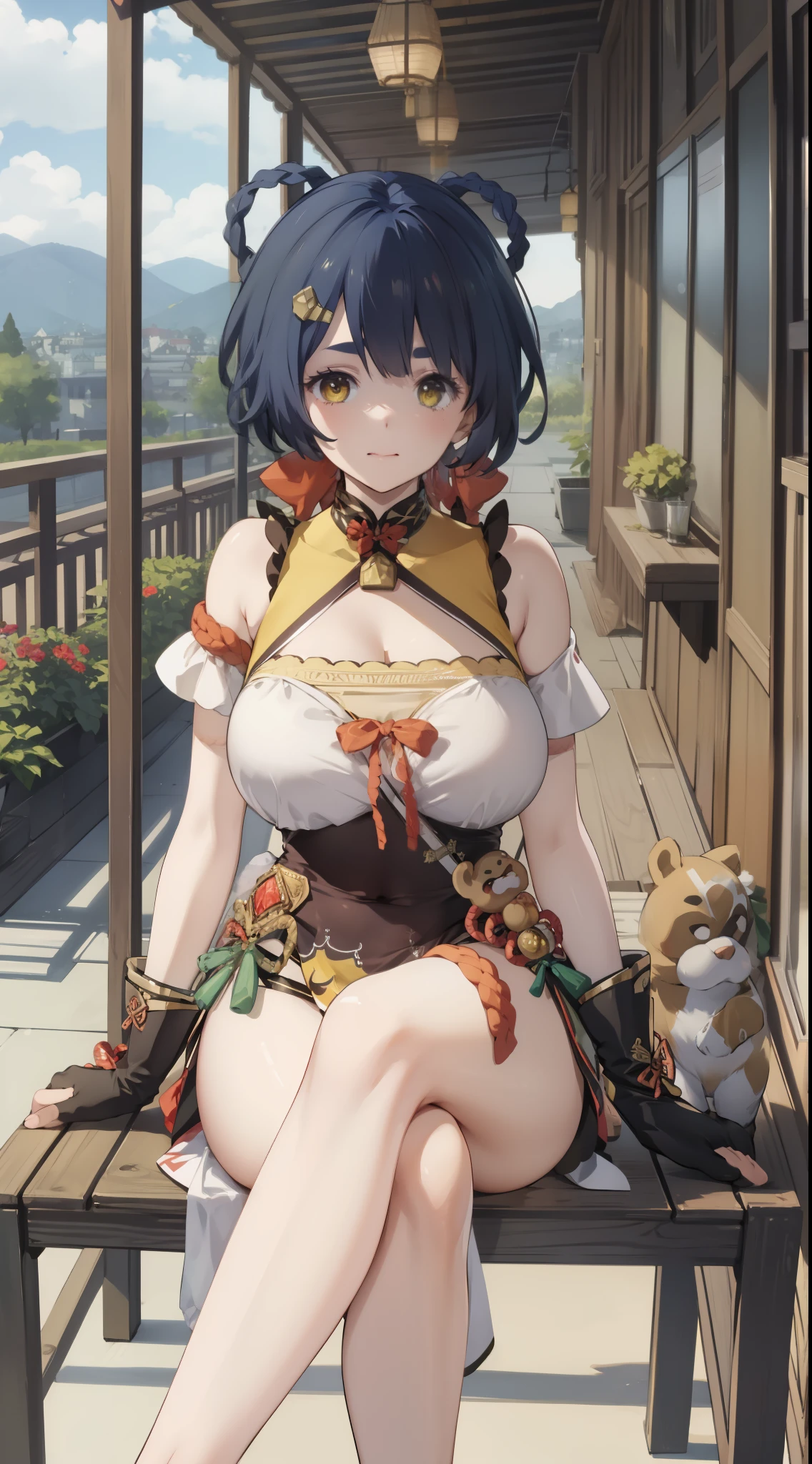 xiangling \(genshin impact\),1girl,blue hair, short hair, thick eyebrows, hairclip, hair rings, braid, yellow eyes, (Beautiful,Huge_Breasts:1.3),
BREAK
, 1girl, solo, Sitting on the bench in the garden, full body, full figure, crossed legs,
BREAK
, Garden,
BREAK
, bow, glove, chinese clothes, sleeveless, bare shoulders, pelvic curtain, belt,
BREAK
, official art, extremely detailed CG unity 8k wallpaper, perfect lighting, Colorful, (best_quality:1.0), ultra high res,4K, ultra-detailed, 8K, HDR, high resolution,  absurdres:1.2, film grain, blurry background, (vibrant_color:1.2), (beautiful_face:1.5), (narrow waist),