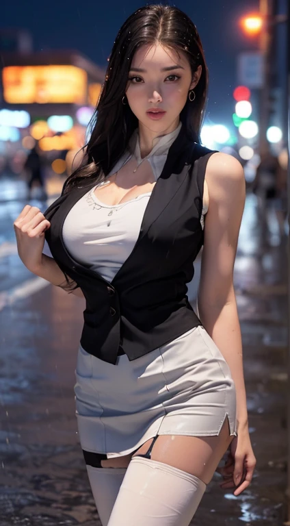 ((Realistic lighting, Best quality, 8K, Masterpiece: 1.3)), Clear focus: 1.2, 1girl, Perfect body beauty: 1.4, Slim abs: 1.1, (Big breasts), (White vest: 1.4), (Outdoor, night: 1.1), City streets, Super fine face, fine eyes, Double eyelids, (Over the knee black stockings: 1.5), (Wet in the rain, wet: 1.2)