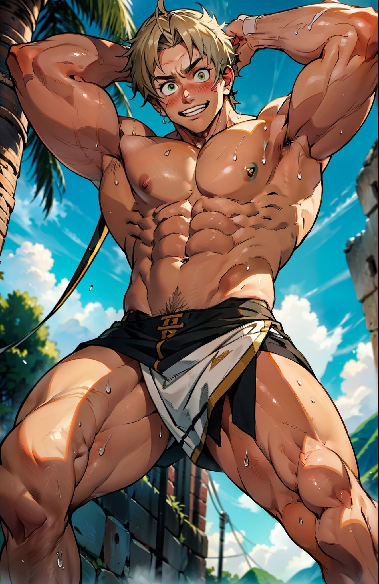 Showing off his muscular muscular back, red skin, bright red skin, the boy blushed shyly , rosy skin, shiny skin(muscular thigh muscles )( anime style, art) (photo angle from bottom up) (photo angle from the ground upwards) [Anime photo][highest quality photo][4k,HD photo quality ] wear tight and short loincloths , bulging loincloths, torn loincloths, wet loincloths, ancient, dirty loincloths (muscular thigh muscles, firm thigh muscles, muscular thigh muscles, sinewy thigh muscles, giant thigh muscles, strong leg muscles, muscular hamstring leg muscles)(thigh muscles bulging as if about to explode, muscular, calloused, sinewy, giant) , Rudeus Greyrat,fun, happy, huge body, muscular and muscular, bodybuilder, bodybuilding, standing, lots of sweat flowing down, topless, shirtless, hot sunny, 8 pack abs , short hair , green eyes,  Raise your arms high to reveal your armpits, Hands behind the head.