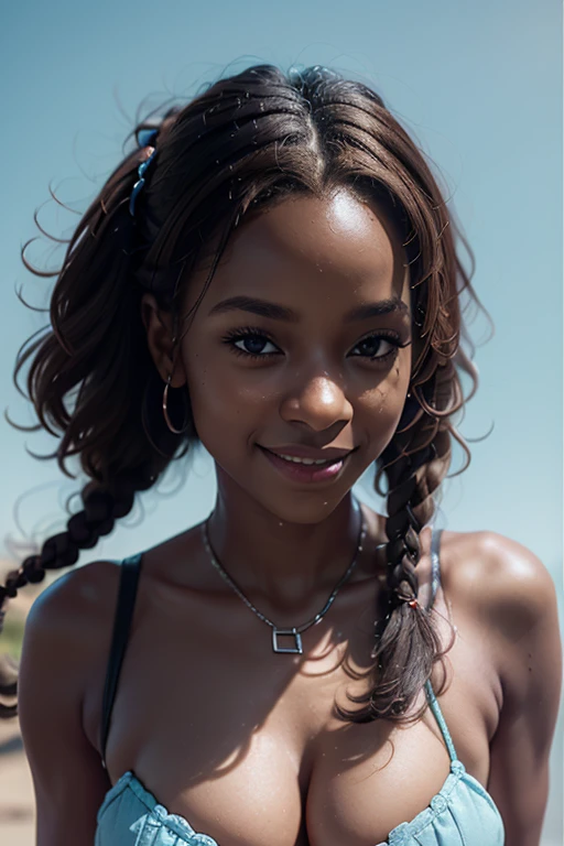 technological, advertising poster. Close-up, a modern dark-skinned girl, with neatly laid Afro braids on her head, looks into the future, with a virtual reality device in front of her eyes. Light blue background, advertising of a high-tech product. Digital technologies, virtual reality, network services. Beautiful girl close-up, in virtual space. Highest quality, 16 K. FUL SD, cinematic rendering., brown hair, dreadlocks, light smile, Surrealism, Futurism, Romanticism, ray tracing, backlighting, bloom, High quality