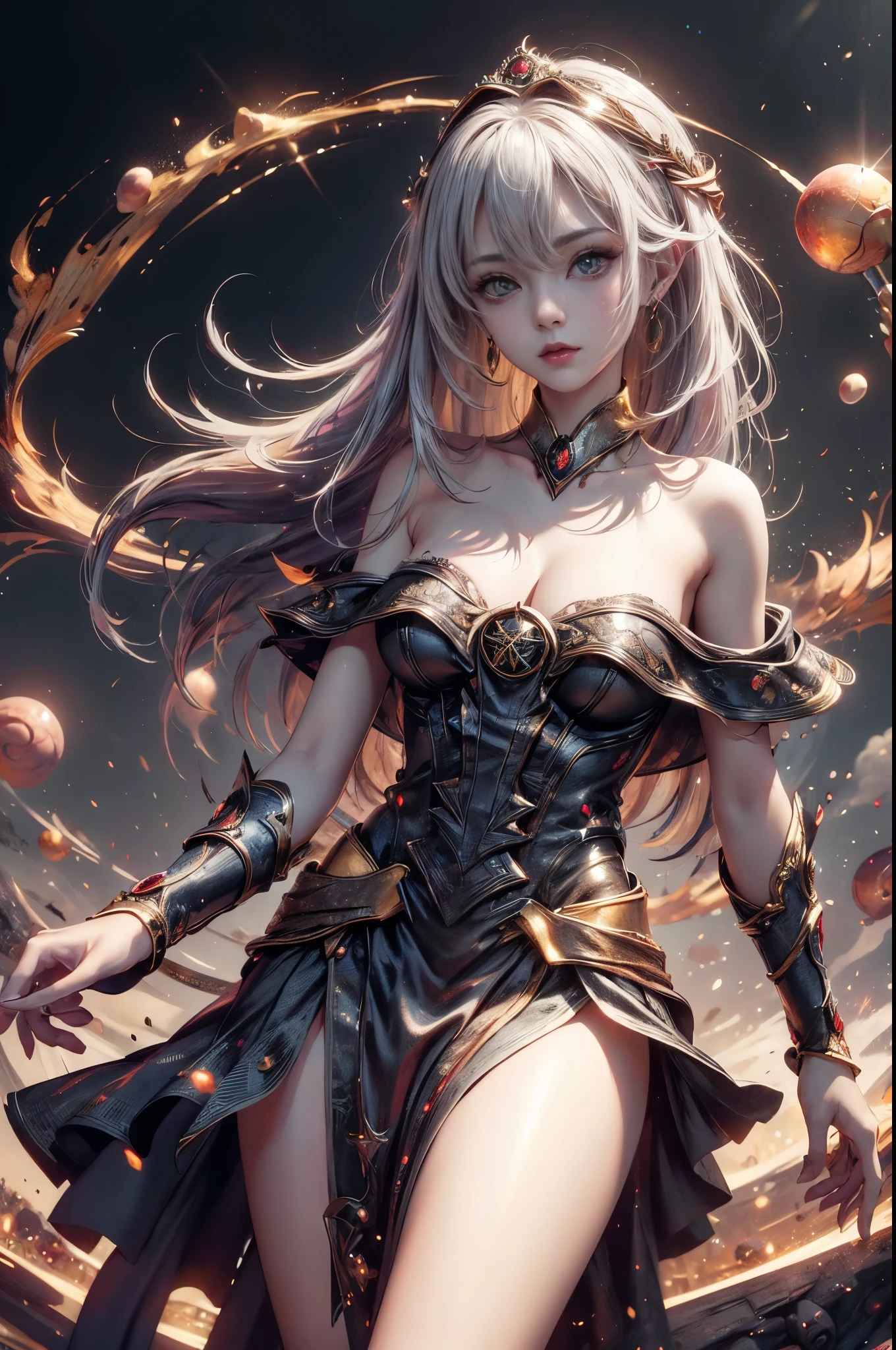 solamente, Super fine photo, Unreal Engine 5 8K UHD digital art portrait of a girl, Arte conceptual, character concept design, wearing a tight, shiny white dress with metallic details, corona de oro, ojos azules, fantasy princess, guante metalico, cabello largo y rubio, La mejor calidad, Obra maestra, Super detailed, sharp focus, pose Sujestiva y sexy y inocente, nsfw