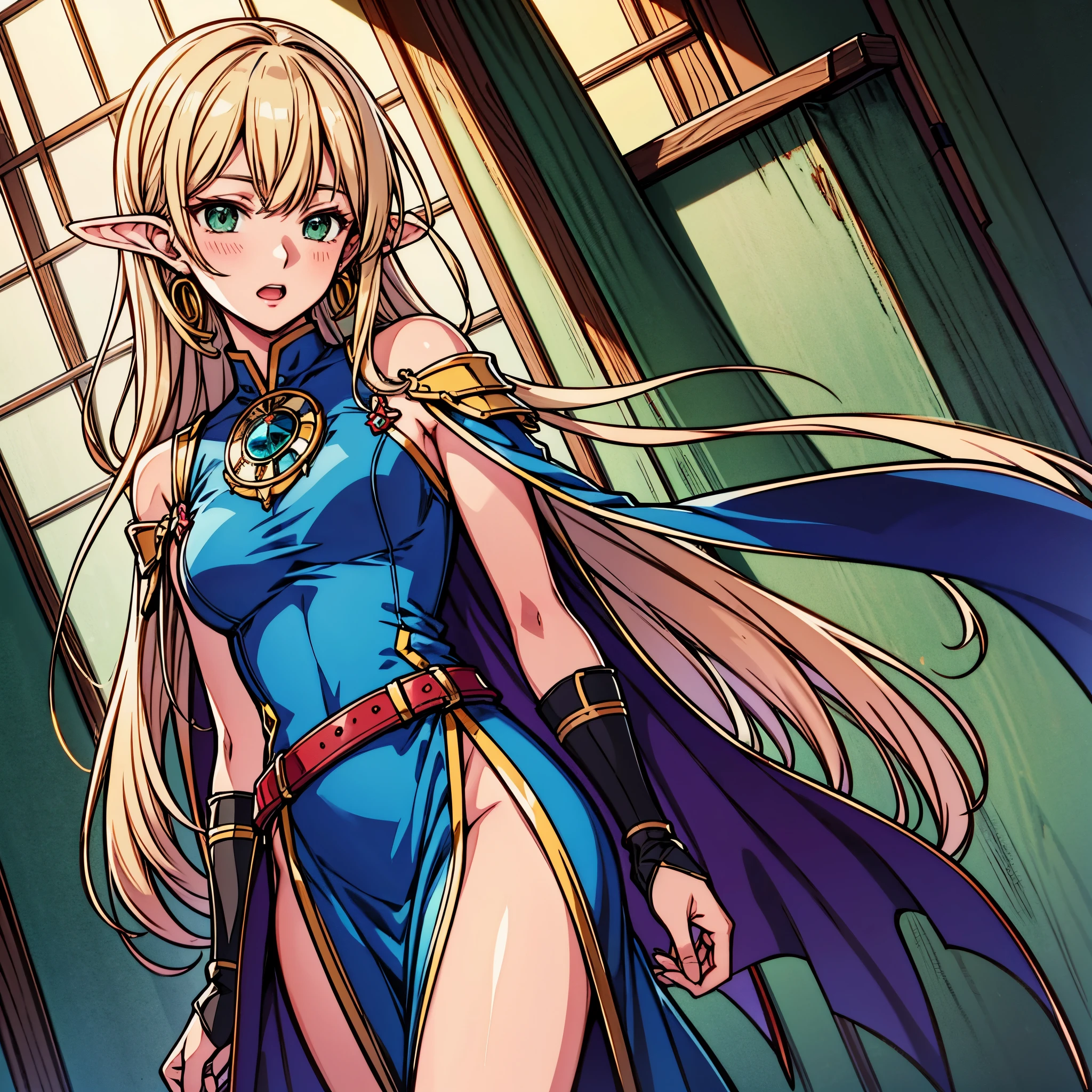 (extremely detailed fine touch:1.2), (natural light, sun light, light rays, dappled light, ray tracing:1.2), mature female , masterpiece, best quality, highly quality , ANI_CLASSIC_deedlit_ownwaifu, www.ownwaifu.com, pointy ears, blonde hair, long hair, elf, circlet, green eyes, long pointy ears, very long hair, breasts, medium breasts, earrings, lips, makeup, bangs, cape, armor, blue cape, shoulder armor, pauldrons, gloves, breastplate, belt, green dress, short dress, looking at viewer, blush, open mouth, standing, (Masterpiece, extremely detailed CG, sharp line),deedlit, offcial art, Colorful, Beautiful Japanese anime style,Extremely detailed eyes and face,Sharp pupils,realistic pupil,In the woods、cabellos largos dorados,ears of elf,Black lace panties,Slender thighs, varies multi etc. --v 6 --s 1000 --c 20 --q 20 --chaos 100