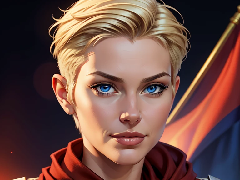 masterpiece, best quality, realistic, 1women, mature female, quiet and charming young woman, 20 year old, a smirk, closed mouth, light skin, portrait, extremely detailed face, cold and smirk, ((dark blue eyes)), ((short blonde Pixie haircuthair)), [thin eyebrows], wears red scarf on her neck, dark palace, ((Colonel)), dim light, evil, red flag light background