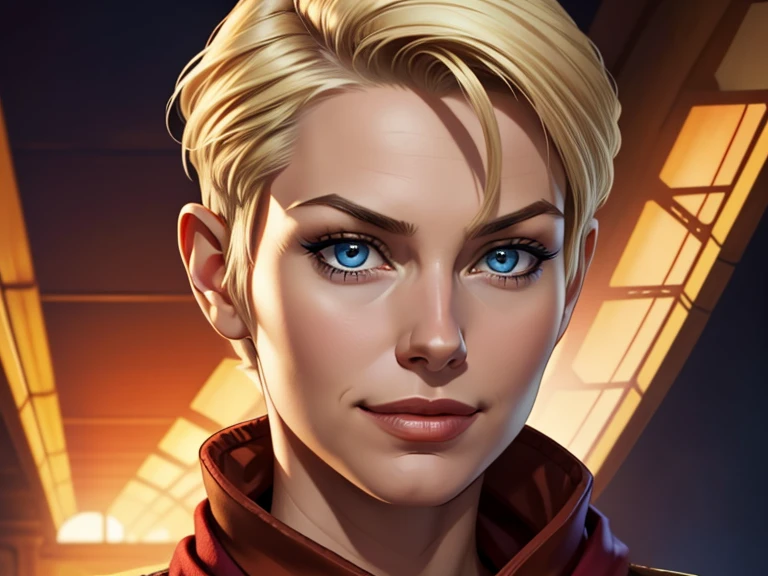 masterpiece, best quality, realistic, 1women, mature female, quiet and charming young woman, 20 year old, a smirk, closed mouth, light skin, portrait, extremely detailed face, cold and smirk, ((dark blue eyes)), ((short blonde Pixie haircuthair)), [thin eyebrows], wears red scarf on her neck, dark palace, ((Colonel)), dim light, evil, red flag light background